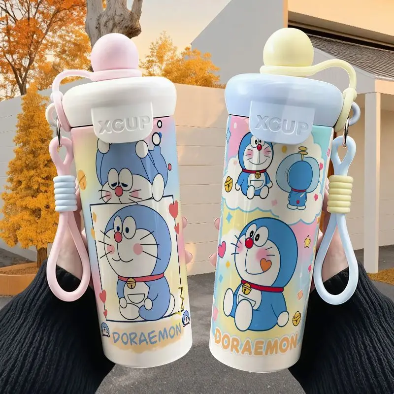 Doraemon straw thermos cup stainless steel high color value cartoon cute student large capacity portable accompanying sports cup