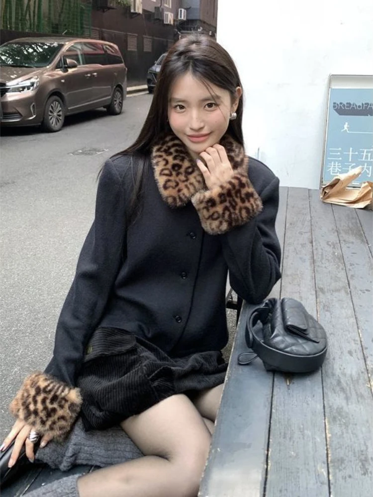 Vintage Fur Patchwork Leopard Korean Women Coat Y2K Punk Aesthetic Turn Down Collar Casual Streetwear Daily Wear Jackets Femme