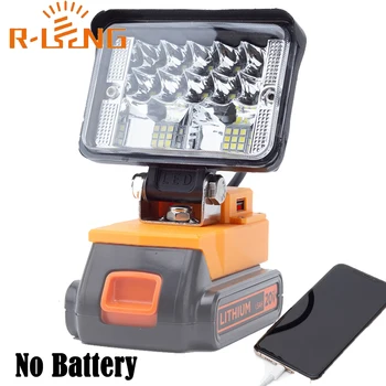 Luz de trabajo LED para BLACK + DECKER, batería de litio de 18V con linterna USB, lámpara de inundación de emergencia portátil, lámpara de Camping (sin batería)