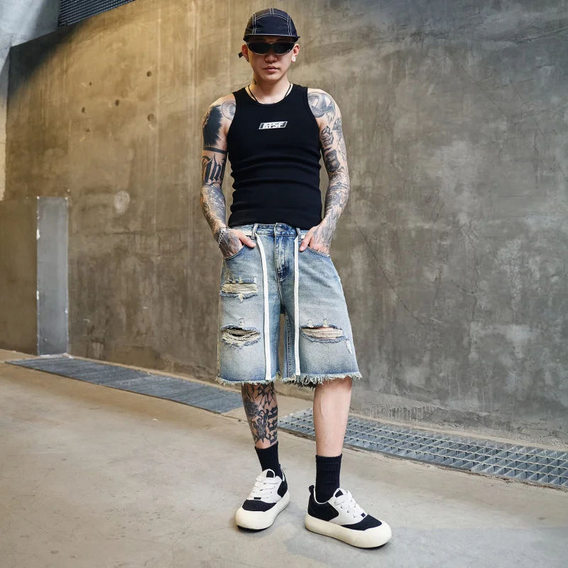 شورت جينز رجالي عالي الشارع مغسول - شورت ممزق بطول الركبة كاجوال بنمط الجرونج ملابس صيفية للشارع