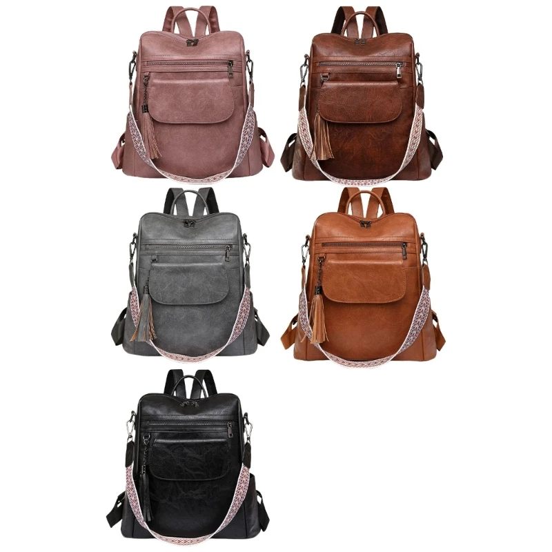 

Casual Modern Women's Backpack Spacious Travel School Bag PU Leather Handbag With Tassels Detail And Shoulder Strap