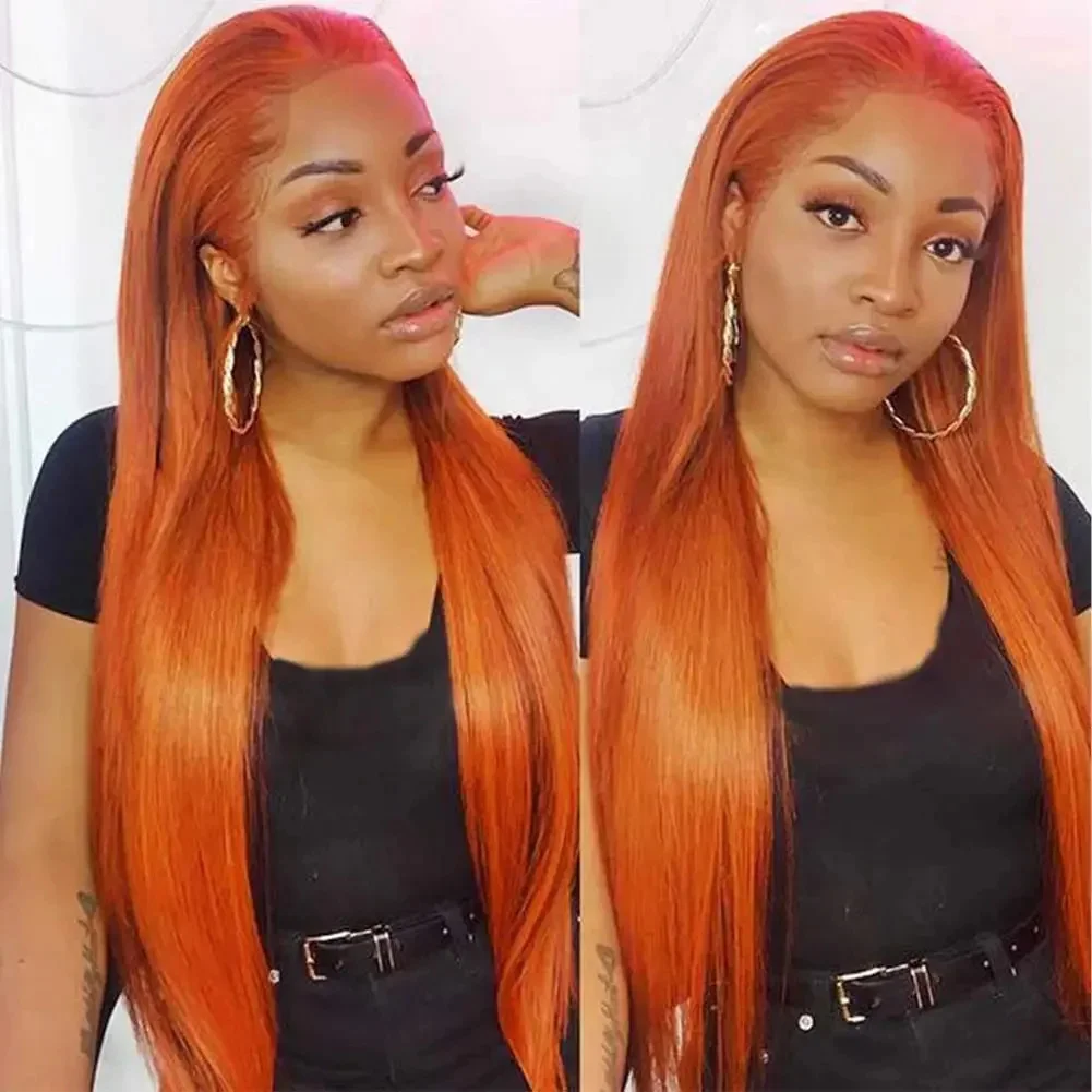 34 Inches Straight Ginger Orange Human Hair Wig Lace Front 13x4 HD Frontal Colored Wigs Preplucked For Black Women 180 Density