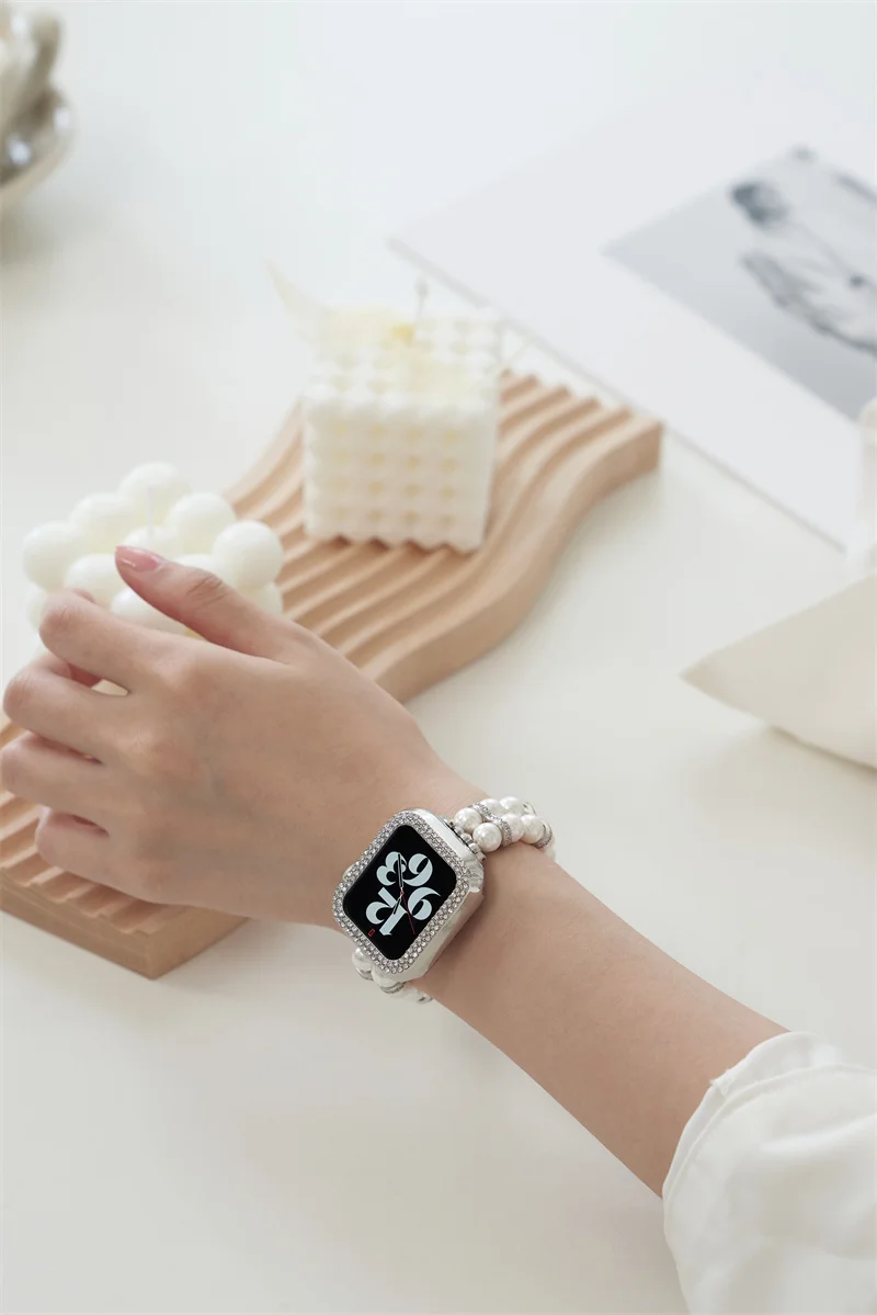 Correa de bola de Perfume de perlas de doble fila para Apple Watch, correa de 40/44mm SE7 6 5 4 para iWatch 38mm/42mm 3 2 1 muñeca de perla de ágata 41/45mm