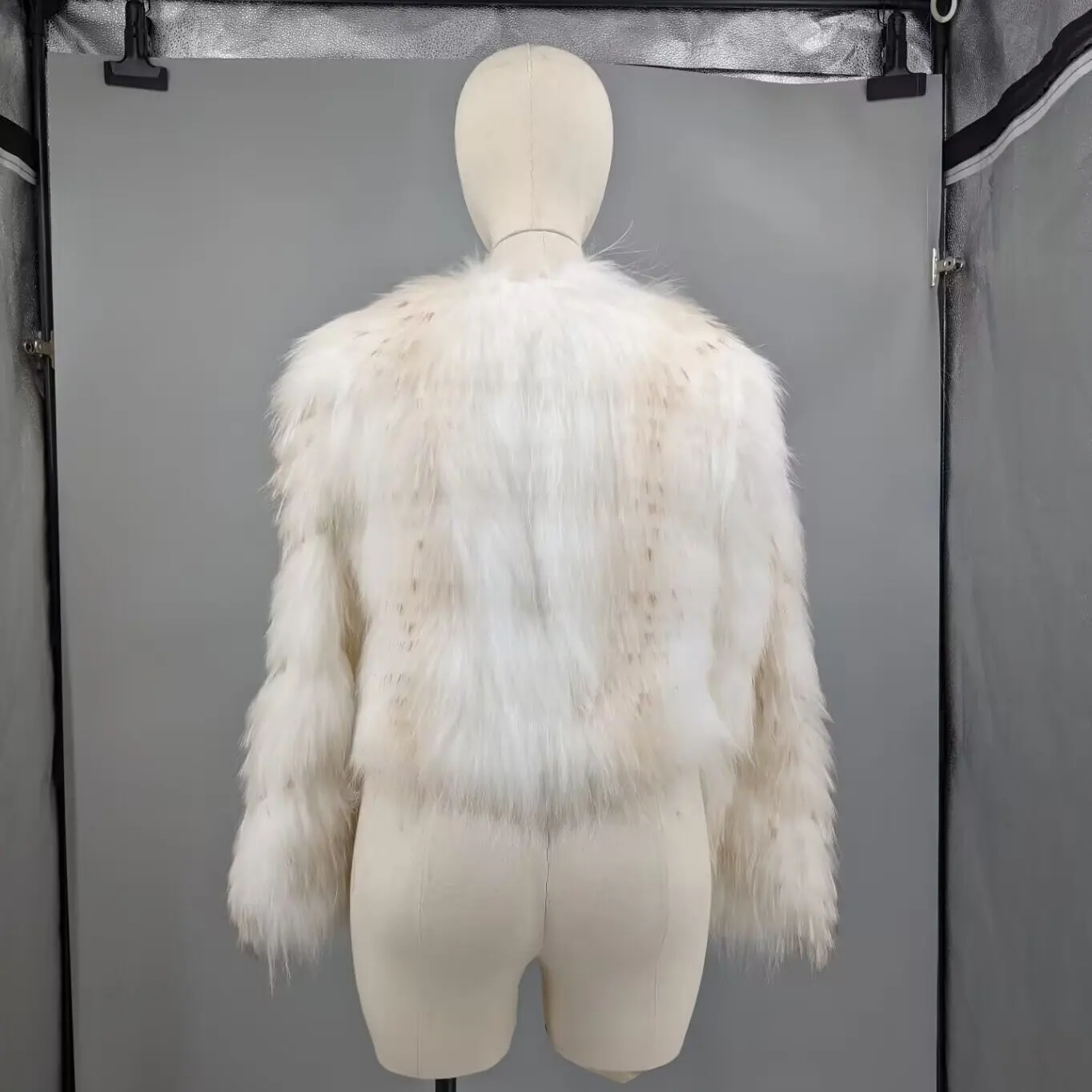 Women Off White Real Stitched Striped Fox Fur Short Coat Round Collar Lightweight Thin Winter Fur Outerwear For Mild Climate1138 view 2