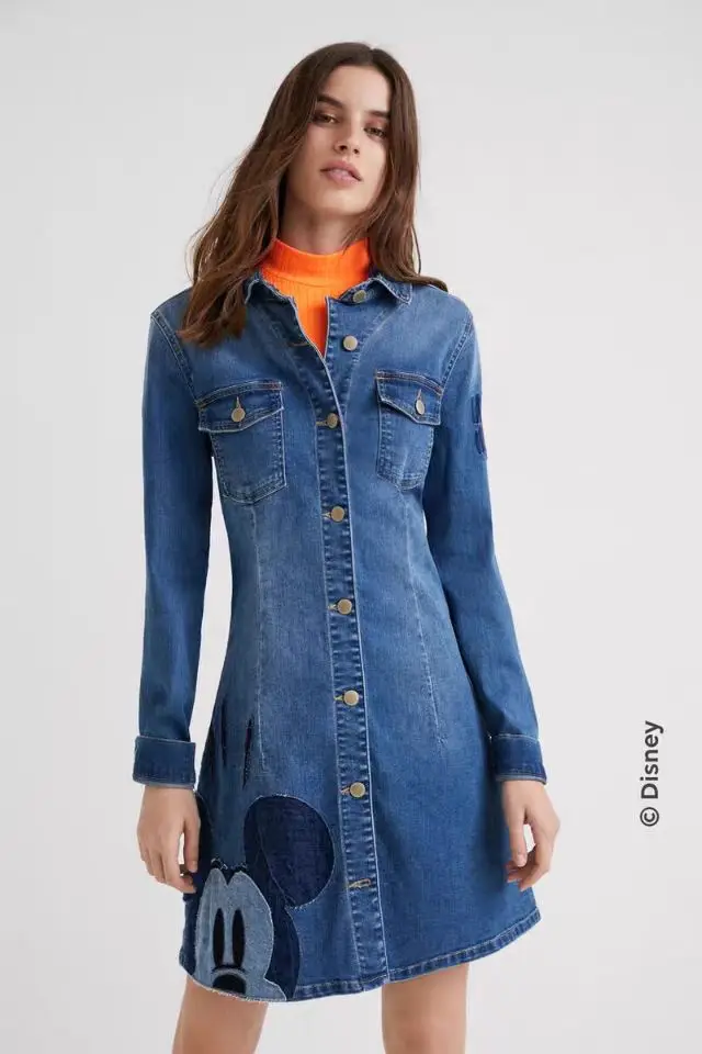 Foreign trade original single Spanish new patch elastic long sleeve denim dress