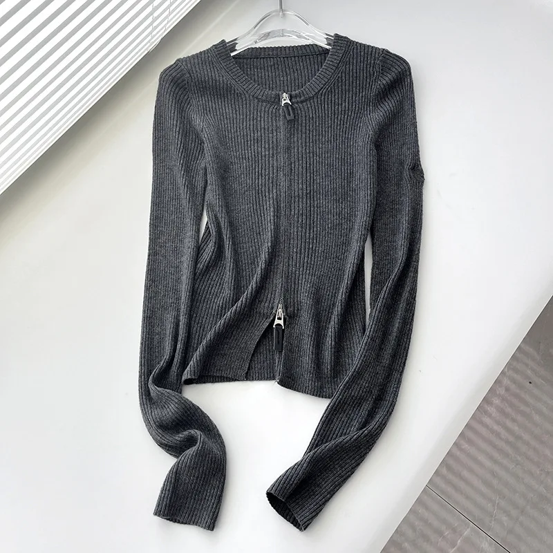 Women Ribbed Knitted Cardigan Double Zipper Long Sleeve Sweater