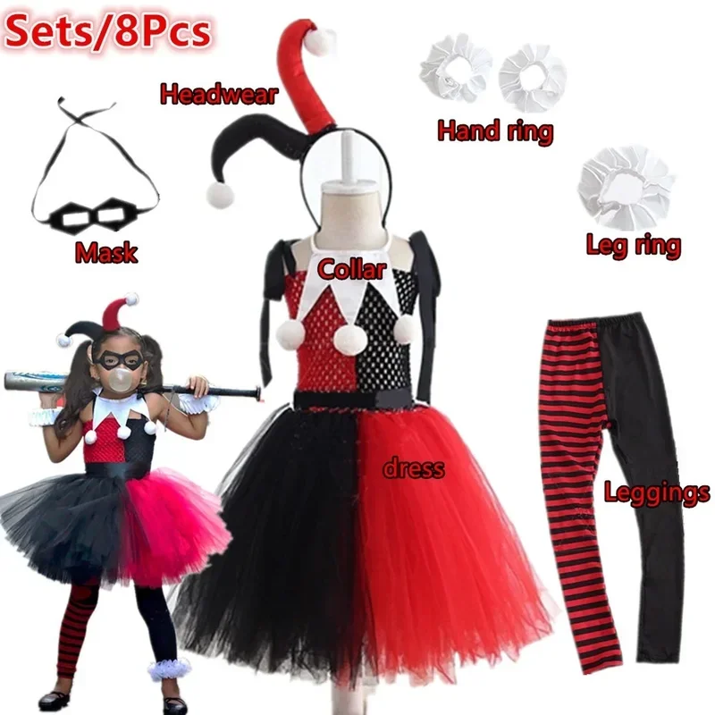 New girls clown Joker costume kids Cruella de telescopic Halloween villains cosplay dot fancy dress birthday children tutu dress