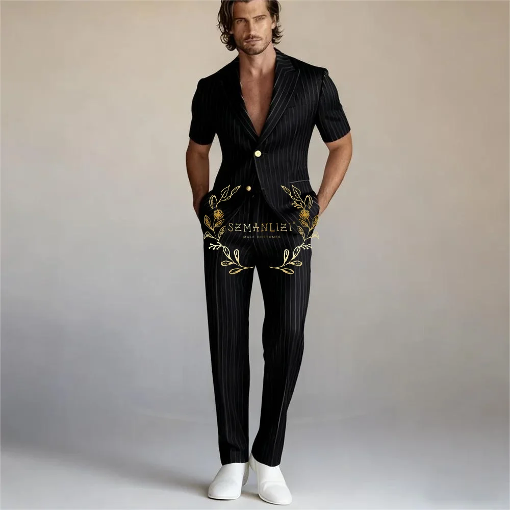 Navy Blue Casual Striped Men Suits 2 Pieces Peaked Lapel Short Sleeves Slim Fit Costume Homme Formal Wedding Blazer Men Tuxedos