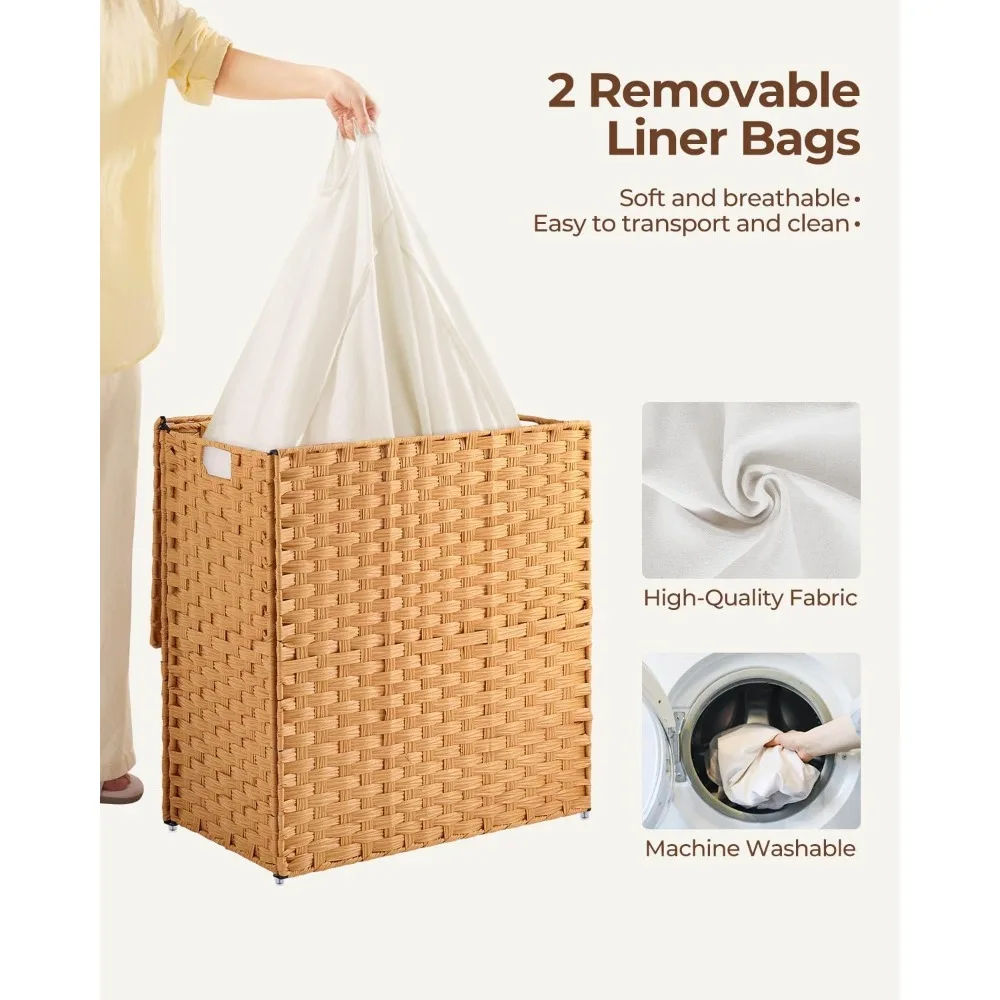 سلة غسيل قابلة للطي مع غطاء، 110 لتر لا حاجة للتثبيت، 2 كيس بطانة قابل للإزالة، سلة الروطان المنسوجة يدويًا لتنظيم المنزل #3