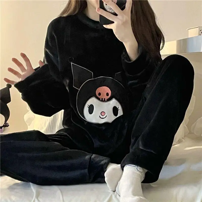 

Пижамный комплект Sanrio, женская домашняя одежда, осень-зима, новый модный теплый уютный фланелевой комплект ночного белья на толстой флисовой подкладке из кораллового флиса