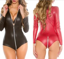 Sexy Open Crotch Leather Bodysuit for Sex Zipper Body Suits Women Pvc Dress Sexi Breast Exposing Crotchless Latex Lingerie sissy