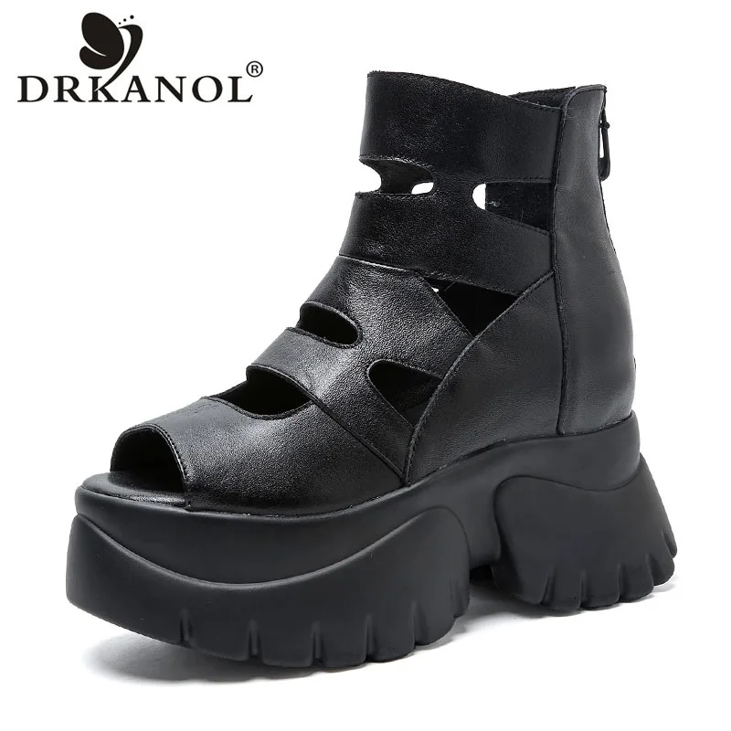 DRKANOL Women Thick Sole Height Increasing Sandals Summer Open Toe Hollow Back Zipper Genuine Leather Roman Sandals Cool Boots