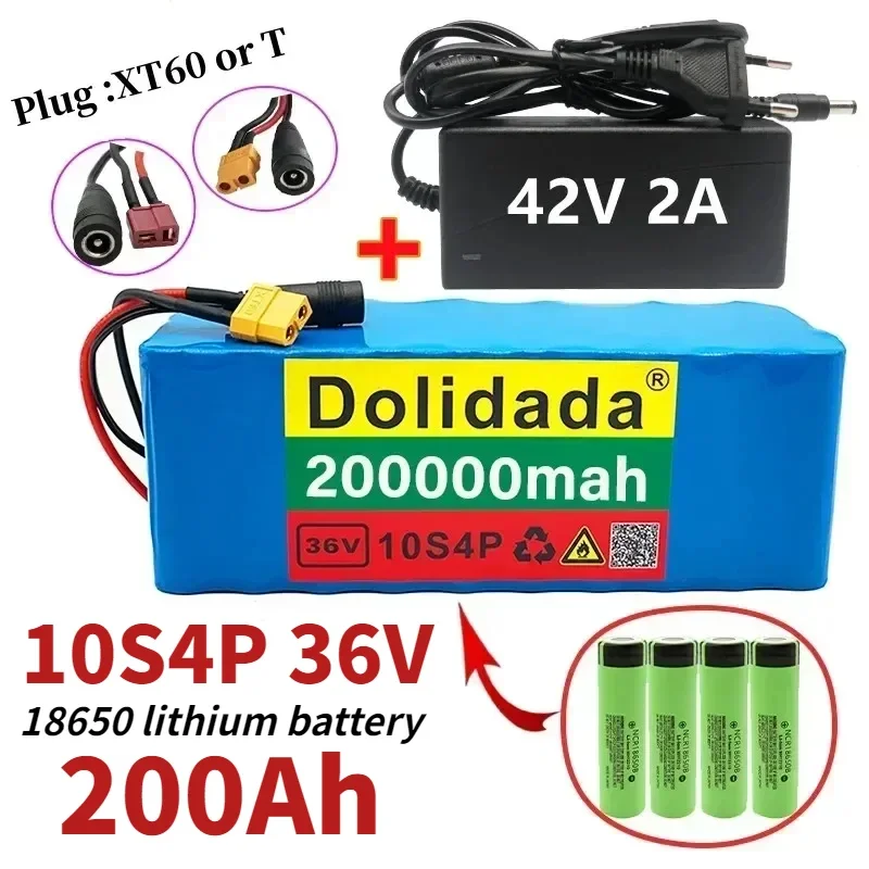 NEW 36V 10S4P 200Ah Lithium Battery Large Capacity for Electric Bike and Scooter with BMS XT60 Plug/T-plug and Charger Included