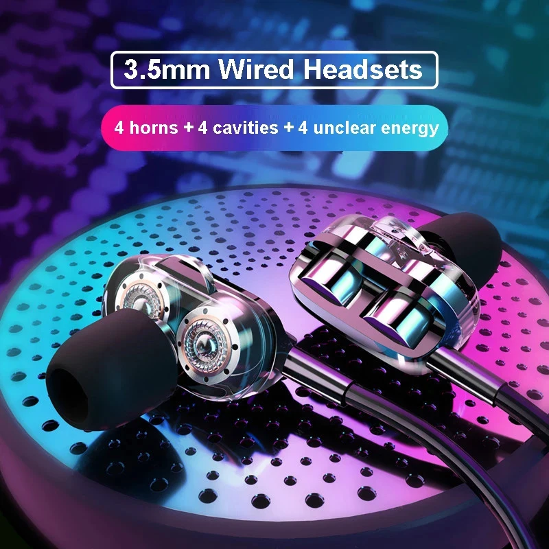 Dual Driver Headphone 3.5mm Wired Headset 9D Stereo Dual Speaker TWS HiFi Strong Bass Earphones for Xiaomi Redmi Huawei Earbuds