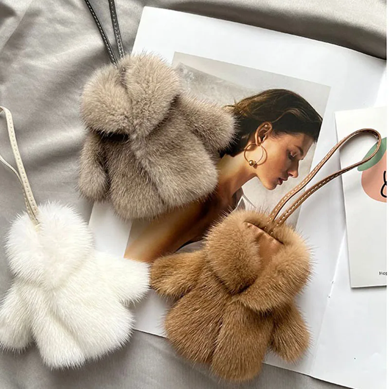 Real Mink Mini Keychain Pendant Cute Plush Bag Pendant Ladies Fashion Luxuy Designer Plush Car Key Pendant