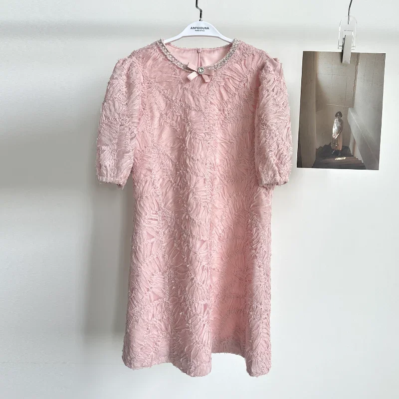 

French O Neck Pink 3D Floral Small Fragrance Dress Fashion Sweet Loose Korea Chic Short Sleeve Ladies Mini Dress Summer