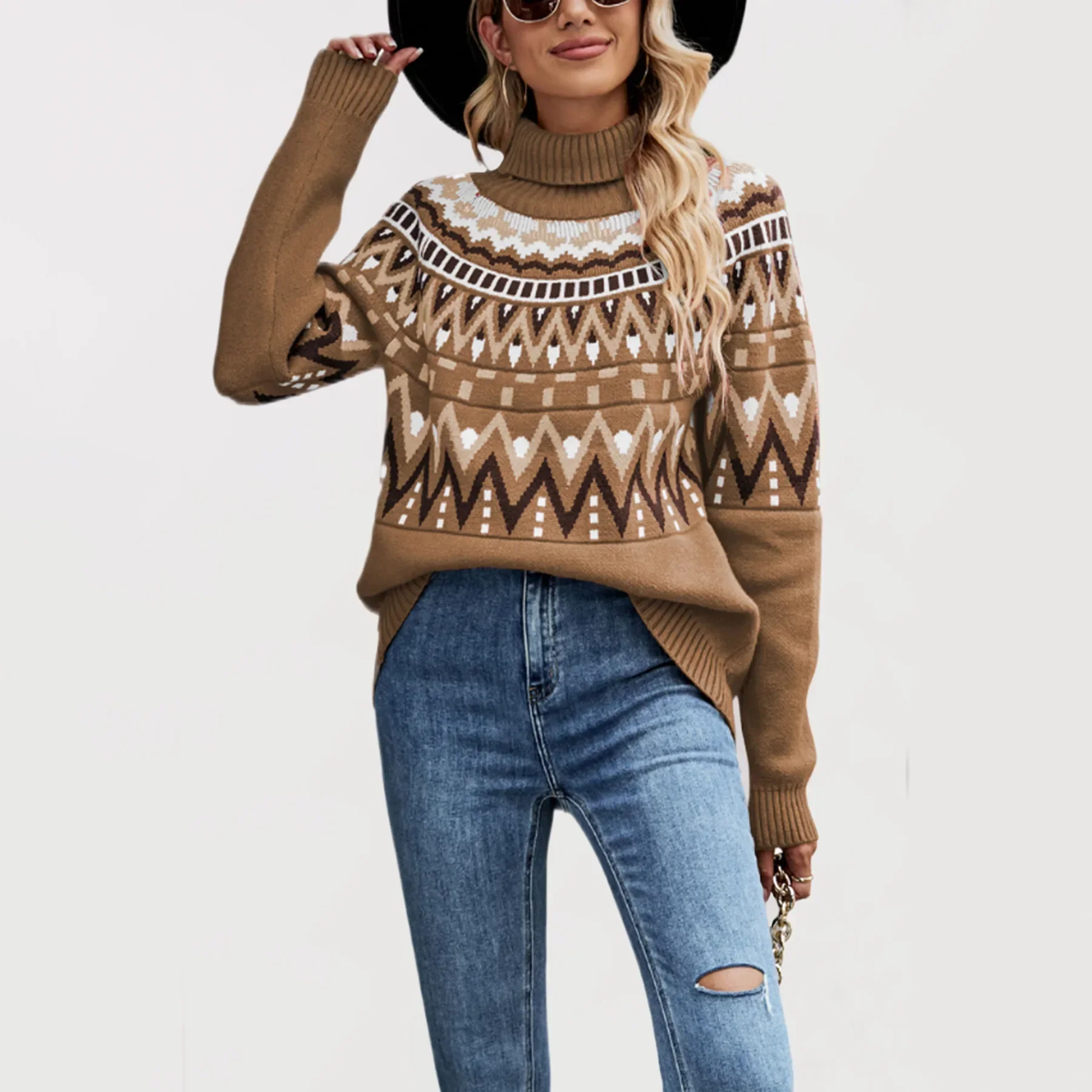 

New Fashion Turtleneck Pullover Sweater for Autumn and Winter, Women's Vintage Geometric Patterns Spell Color Knitted Sweater