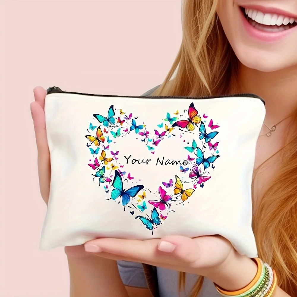 Customized Makeup Bag Featuring a Floral Butterfly Heart Pattern Designed with an Open Top Lightweight Storage Bag Wedding Gift
