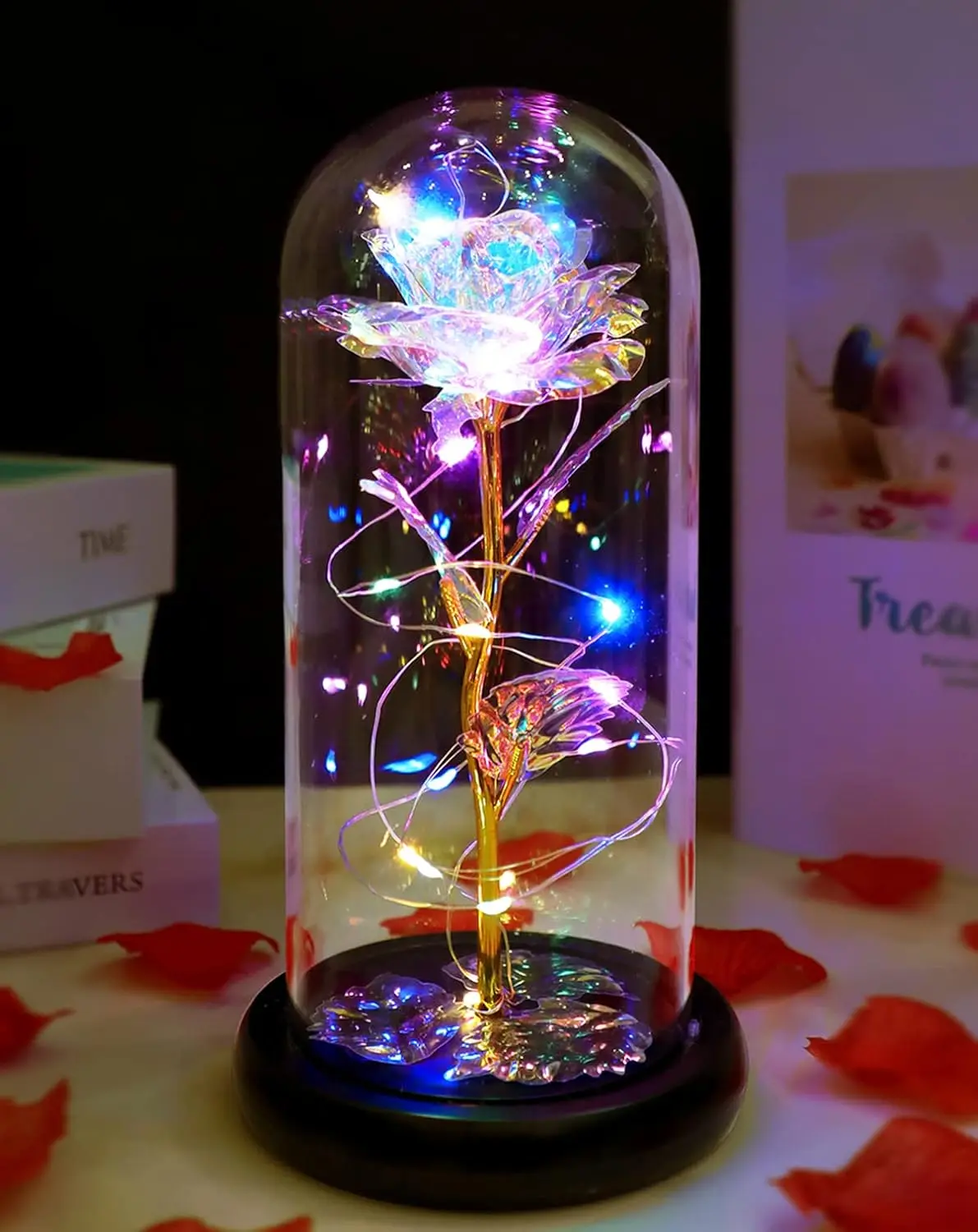 

Искусственный стеклянный цветок с вечной розой и LED-подсветкой для женщин, роза из фильма «Красавица и Чудовище», подарки на день рождения для девочек, на Рождество