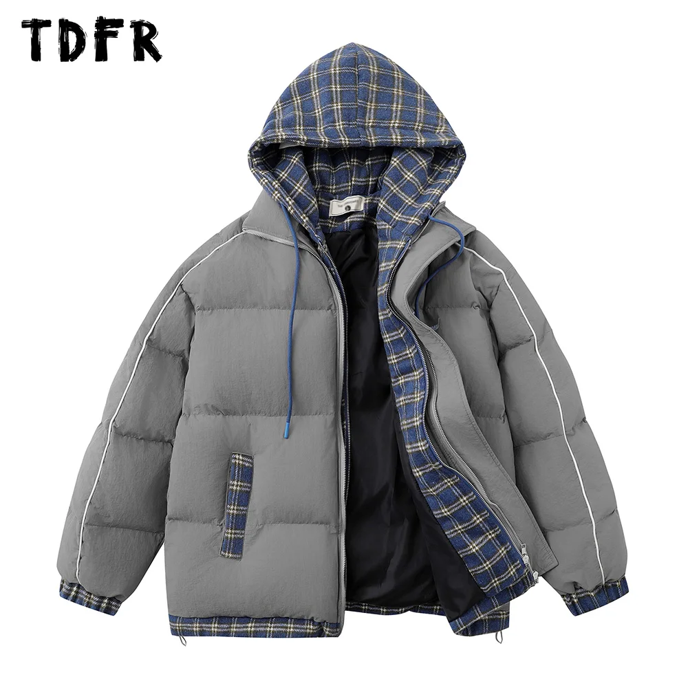 Fake Two Pieces Padded Jacket Mens Spliced Winter Thick Streetwear Drawstring Hem Loose Hooded Bread Jacket Men