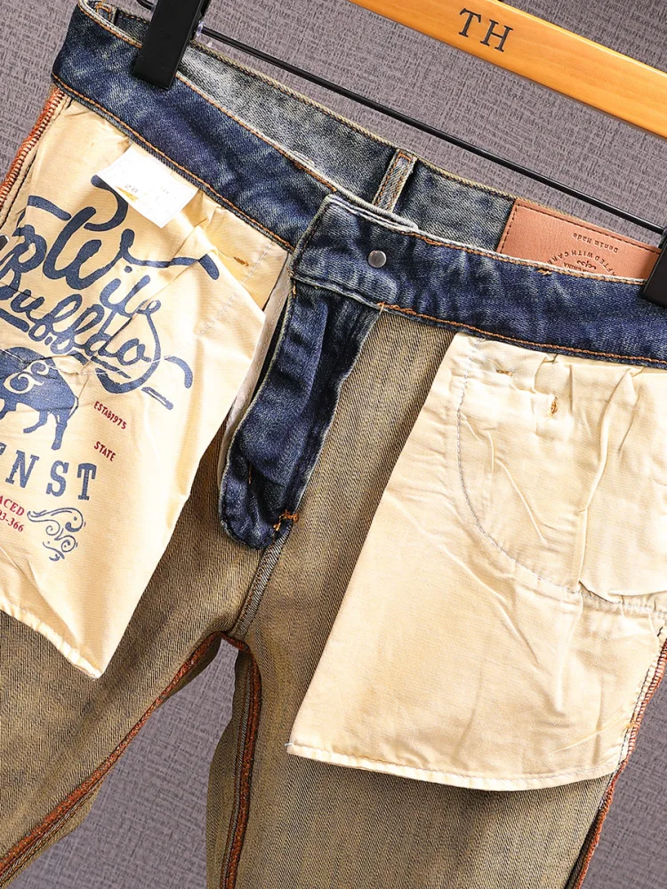 Celana Jeans Retro Amerika Kelas Atas Desain Bordir Pria Model Distressed Stretch Straight Panjang