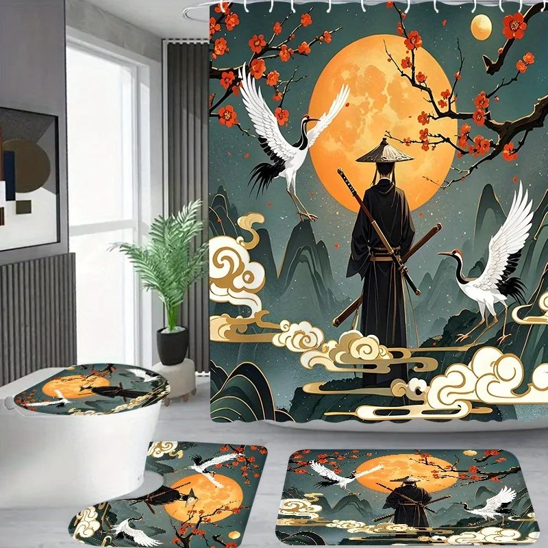 

4pcs Samurai, sakura and crane pattern, Apartment bathroom, Shower Room shower curtain, hotel shower curtain set, with