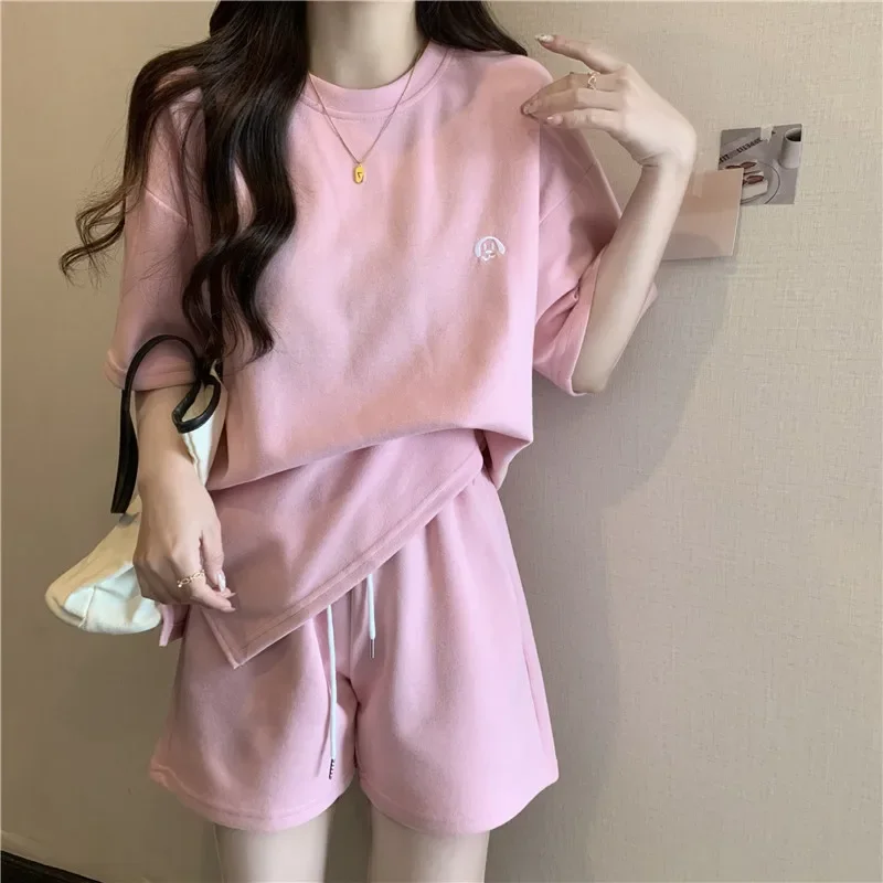 Conjuntos deportivos informales de manga corta para mujer, camiseta holgada con cuello redondo estampada, pantalones cortos de pierna ancha, chándal, conjunto de 2 piezas para mujer