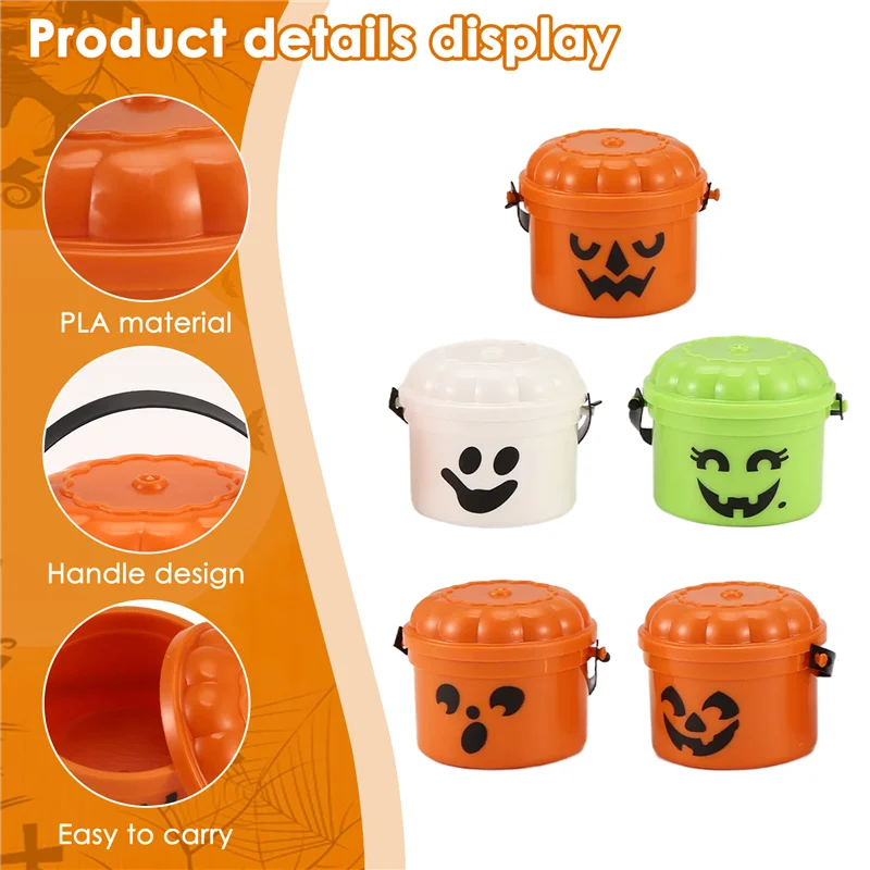A04F-호박 미니 버킷 미니어처 할로윈 버킷 탈부착 가능한 뚜껑과 작동 가능한 손잡이 미니 트릭 (5개)