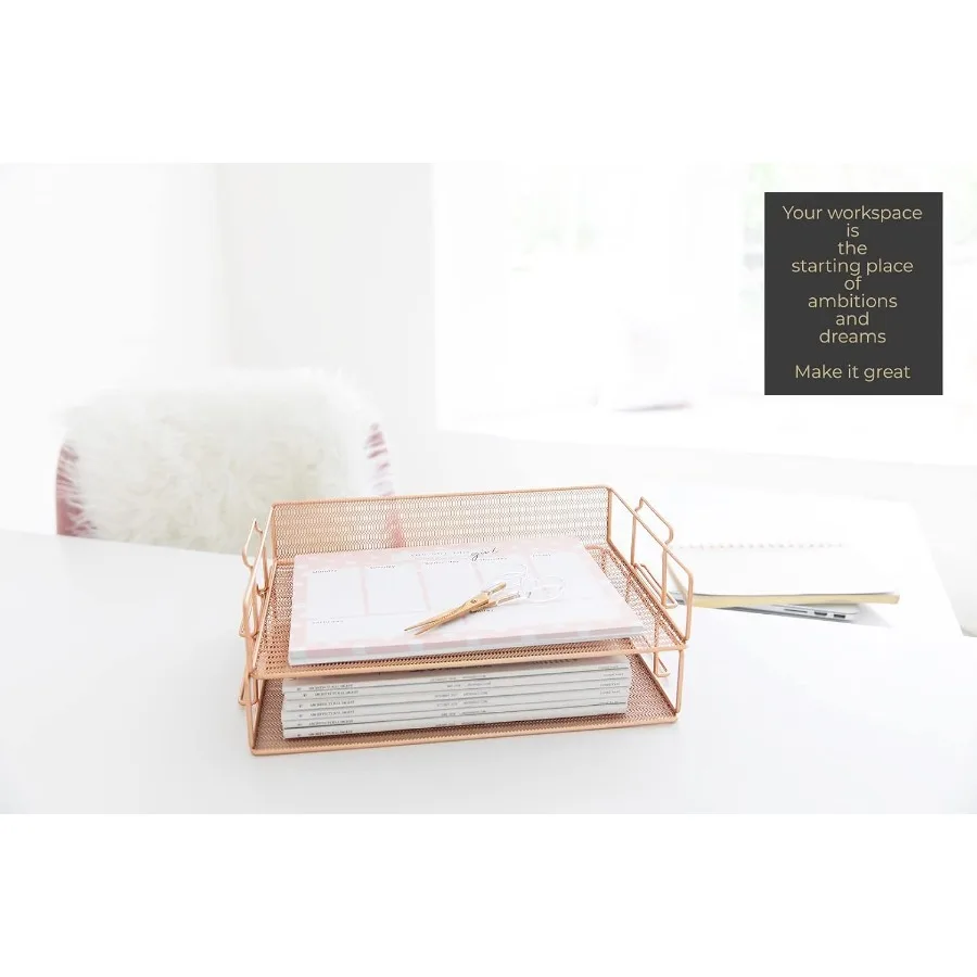 مجموعة صينية ورق شبكية باللون الذهبي الوردي مكونة من صينية حروف قابلة للتكديس للمكتب المنزلي والمدرسة ومنظم مكتب معدني متين مع أنيق #3