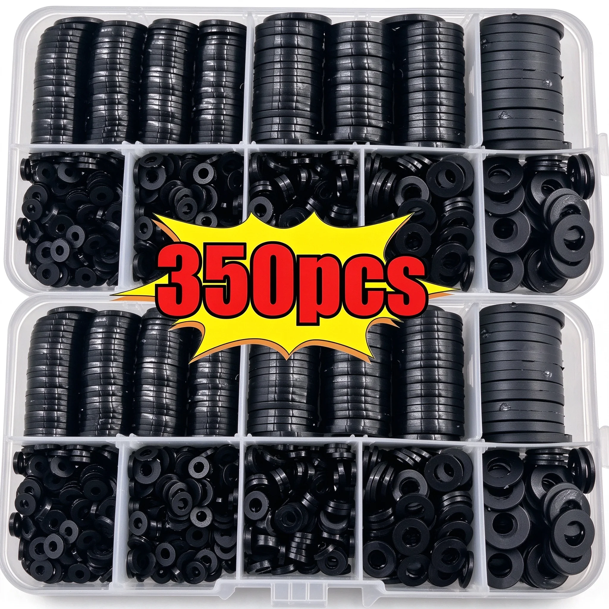 350Pcs Black Nylon Flat Gasket Set M2 M2.5 M3 M4 M5 M6 M8 Plastic Nylon Sealing Gasket Sorting Kit