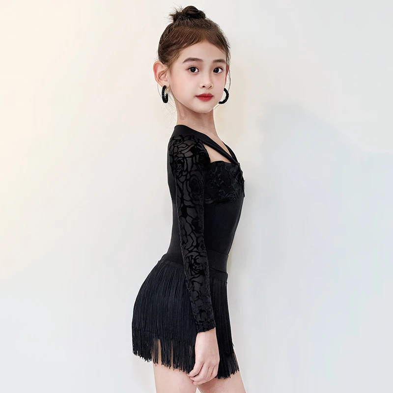 Vêtements latins pour filles, tenue de spectacle de danse noire, body à manches longues, jupe d'entraînement à franges, vêtements de danse Samba, nouvelle collection 2025 2162