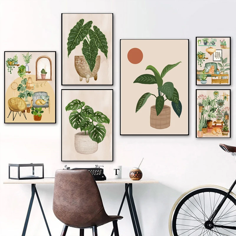 1PC Abstract Sun Monstera Leaves Plant Cat Boho Art Canvas Painting Botanical Posters And Prints Wall Pictures For Living Roo