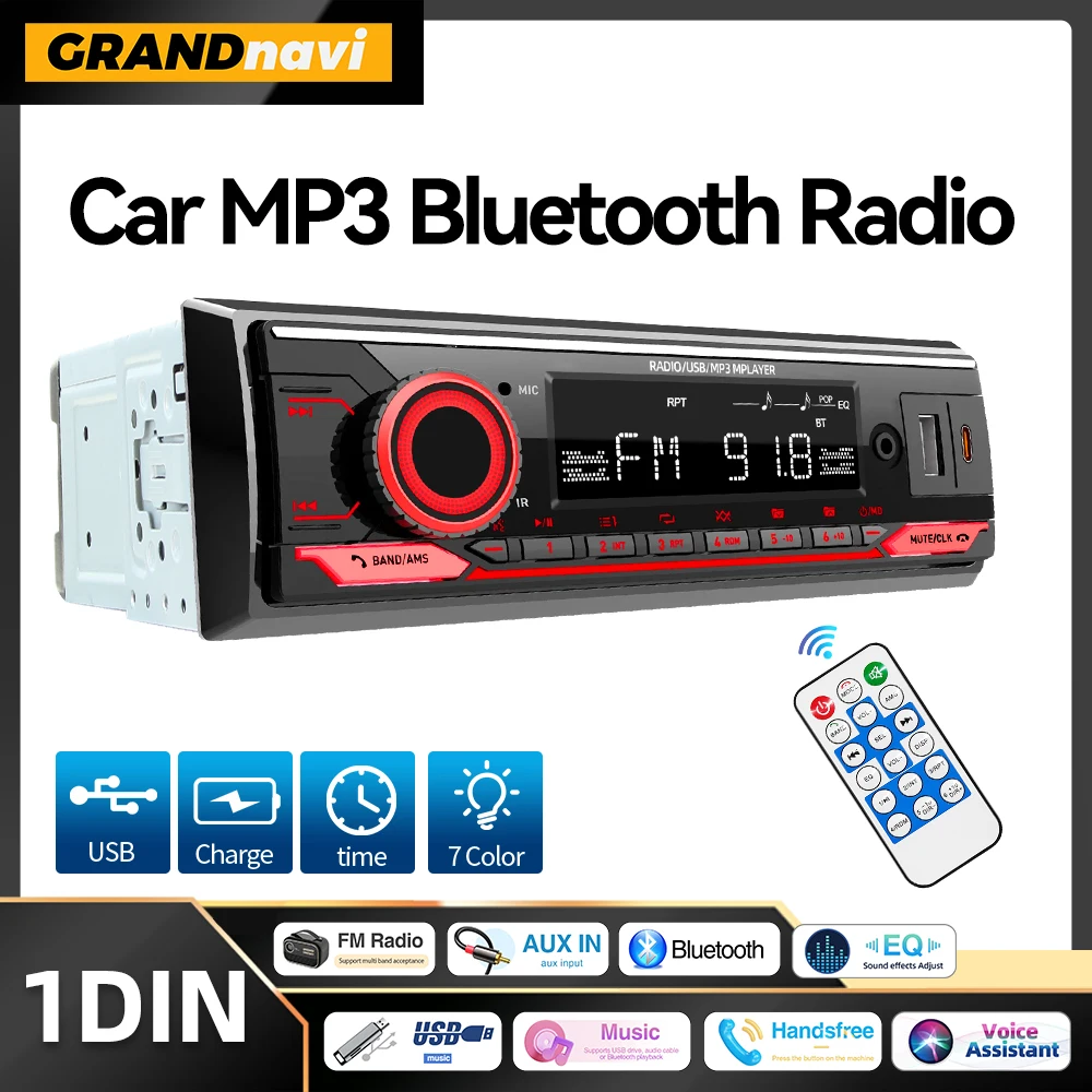 Image of Autoradio 1-DIN Stereo MP3-Player Bluetooth FM-Empfänger mit Fernbedienung AUX/USB-Unterstützung Typ-C Telefonaufladung Sprachassistent