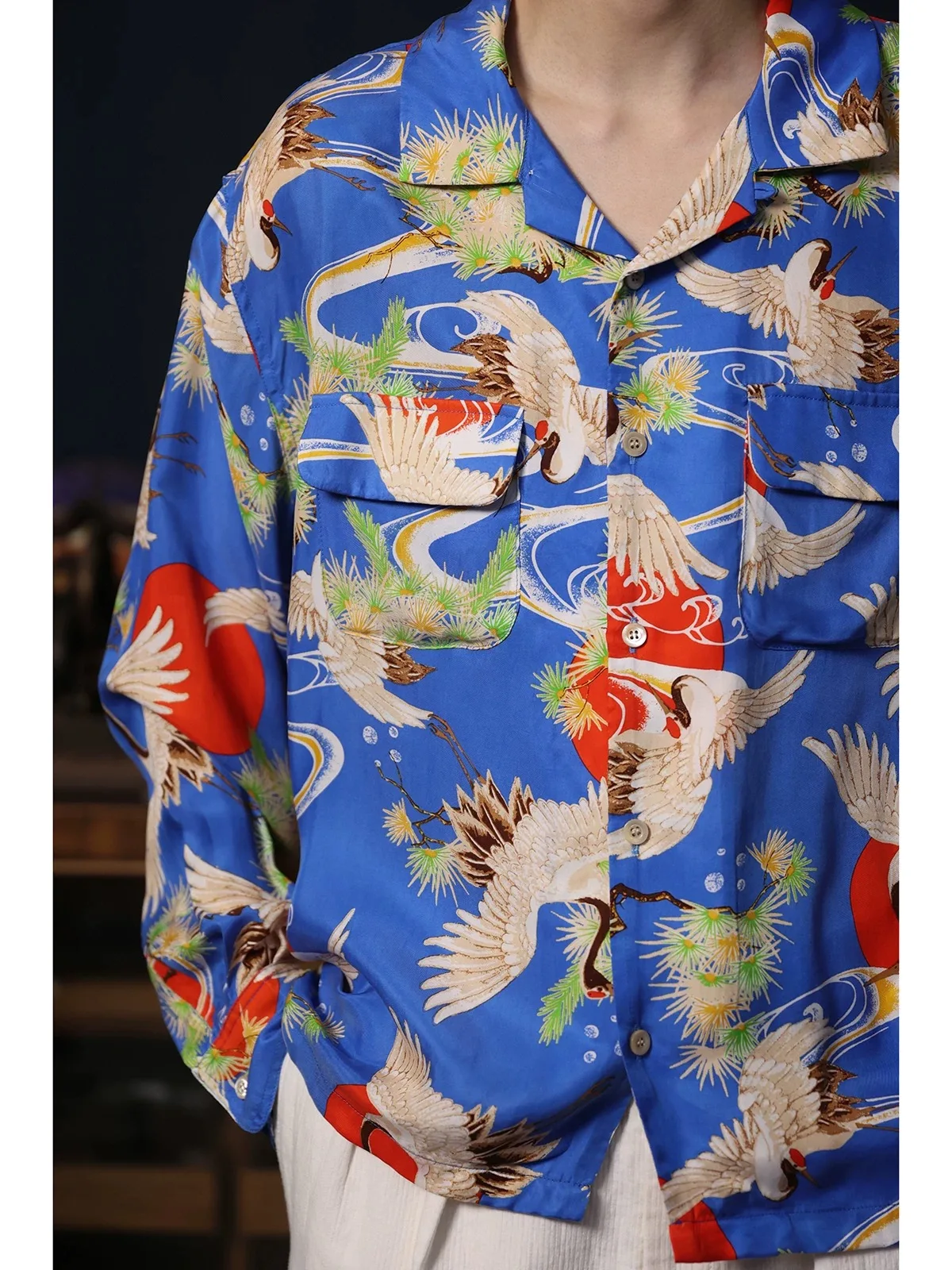 Pop Second Order Cupro Hawaiian Shirt Old Fashion Oriental Print Cuban Collar Long Sleeve Shirt
