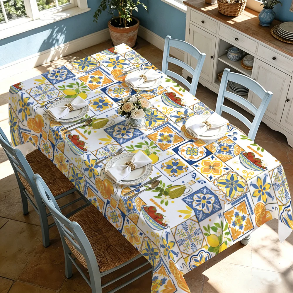 One French-style ceramic tablecloth with lemon print, for Mediterranean-style dining.