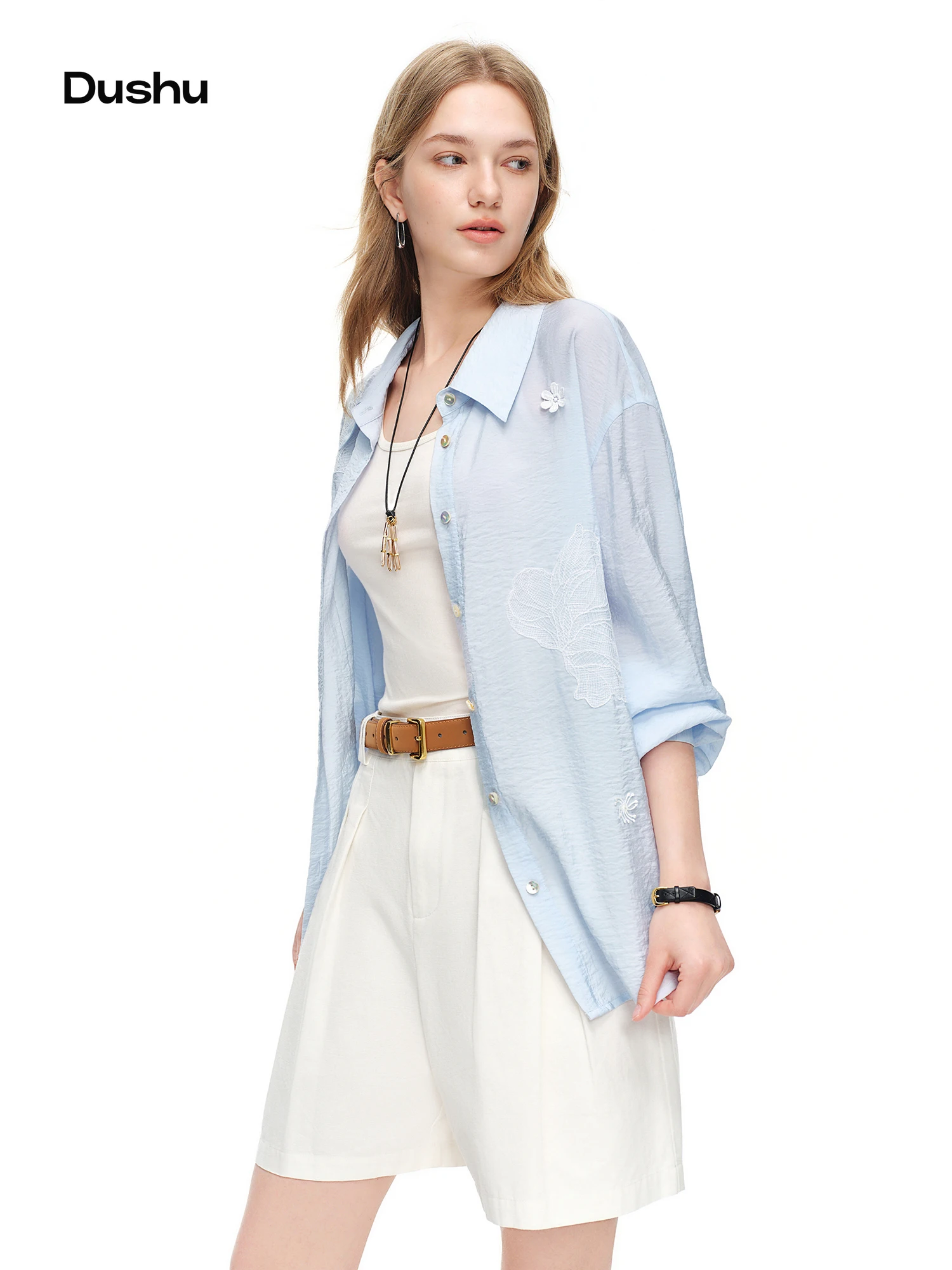 

Легкая шелковая блузка DUSHU 2026 с цветочным принтом для женщин – полупрозрачная накидка для курортного отдыха и летних многослойных образов