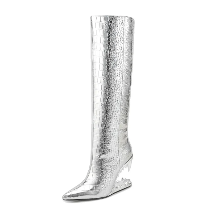 

European and American Style Special Shaped Heel Metal Fabric Knee Long Boots 2023 Women's Four Seasons Side Zipper Boots