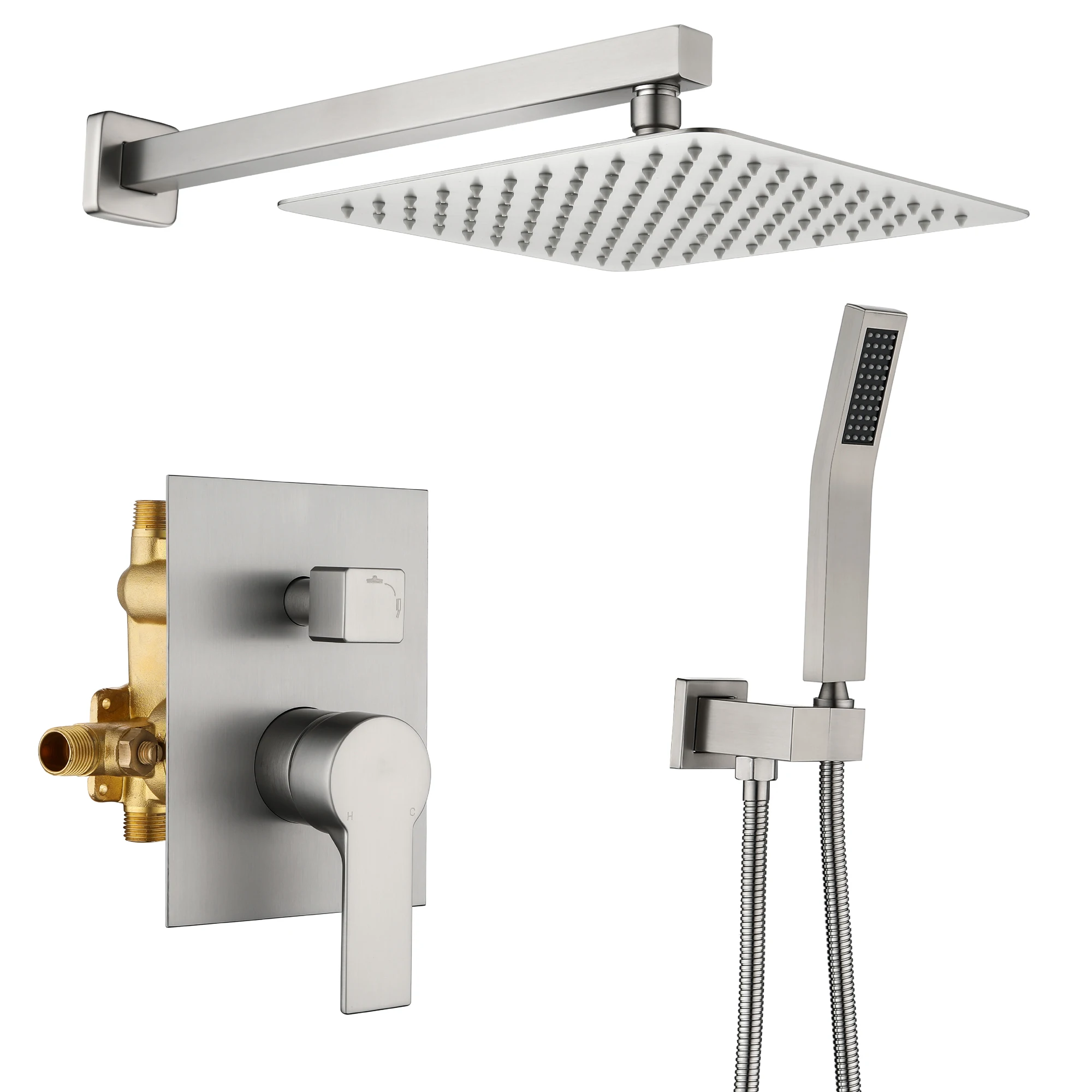 Brushed Nickel Wall Mounted Bathroom Thermostatic Waterfall Rain Shower Head Shower System
