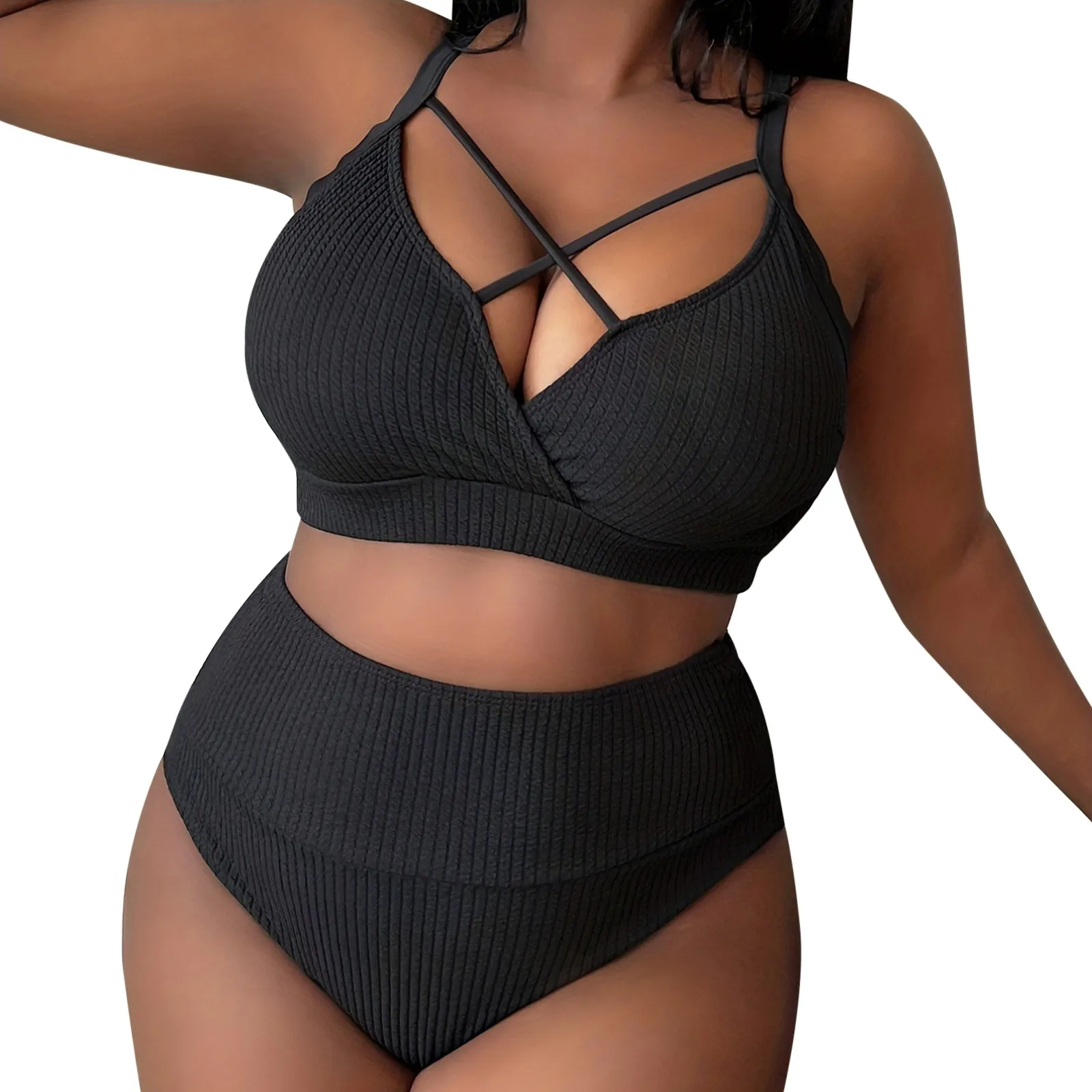 

2024 Womens Sexy Plus Size Bikini Swimsuit Solid Color Suspender High Waisted Bikinis Women Large Size Swimsuits Black Oversized