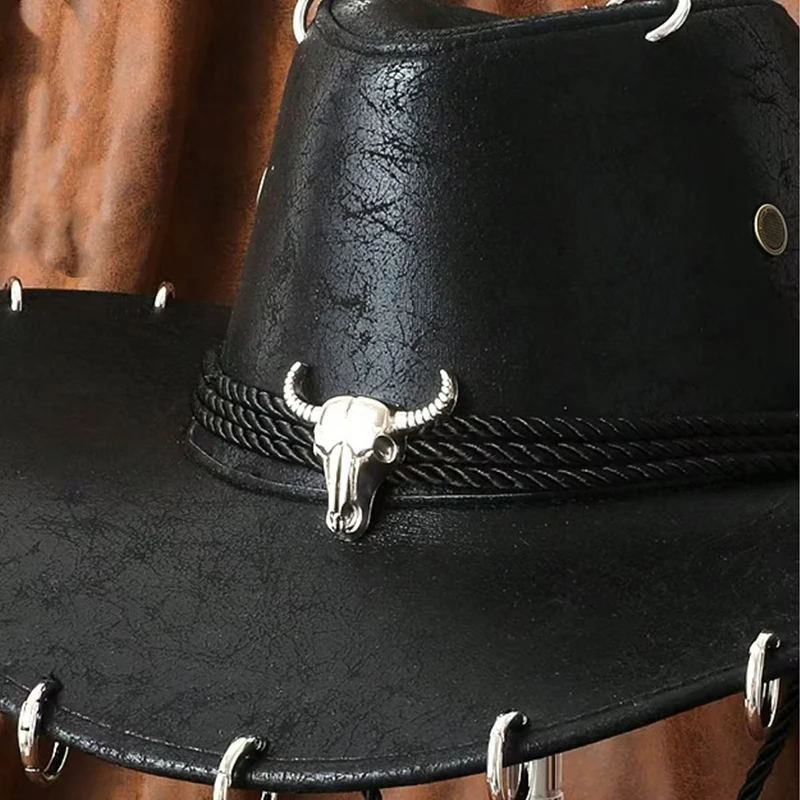 Vintage Faux Leather Western Cowboy Hat Adjustable PU Leather Travel Men Women Fashion Cowgirl Bullhead Badge Outdoor Jazz Hats 5