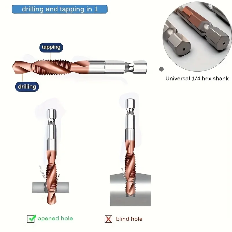 6-Piece High-Speed Steel HSS Cobalt Plating Drill Tap Countersink Deburr Set - Metric Combination Drill Tap M3 M4 M5 M6 M8 M10,