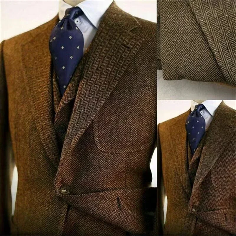 3 Piece Gray Wool Tweed Winter Suit for Men Herringbone Slim Fit Formal Groom Tuxedo Wedding Male Suits (Jacket+Vest+Pants)