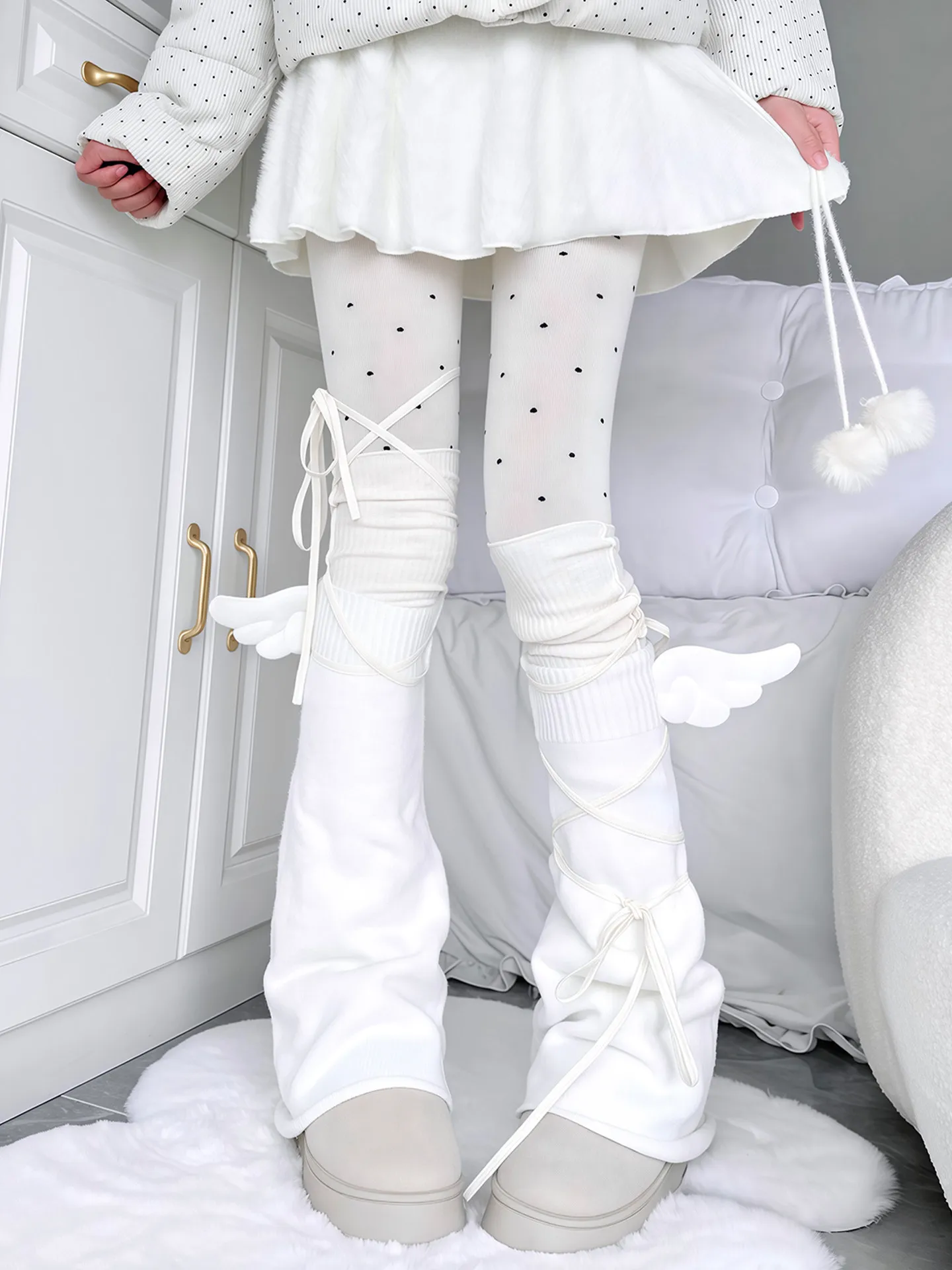 Japanese Harajuku Stacked Over Knee Socks Autumn and Winter Personalized Strap Socks Subculture Pure White Wings Horn Leg Cover
