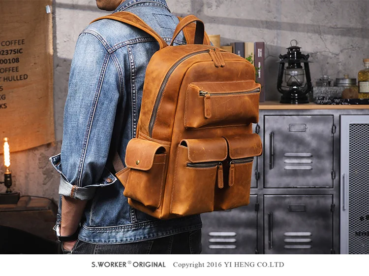 PNDME Vintage handgefertigter Crazy-Horse-Rucksack aus Rindsleder für Männer und Frauen, Outdoor-Reise-Schulrucksack aus echtem Leder mit großem Fassungsvermögen. – Detail 2
