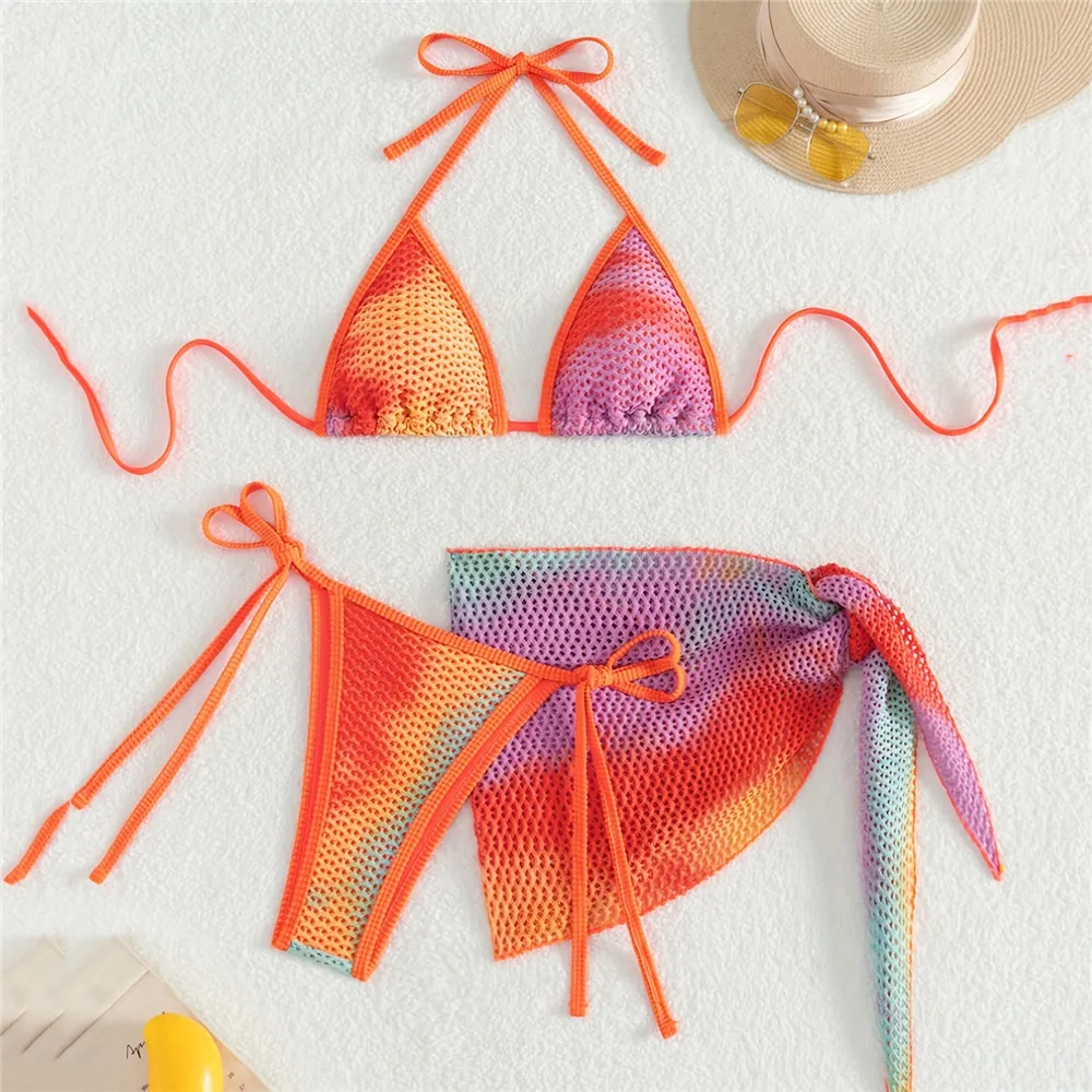 Color Fishing Net Swimwears Cover Up Halter String Triangle Bikinis Sets 3 Pieces Micro Thong Sexy Swimsuit Woman 2026 Beachwear