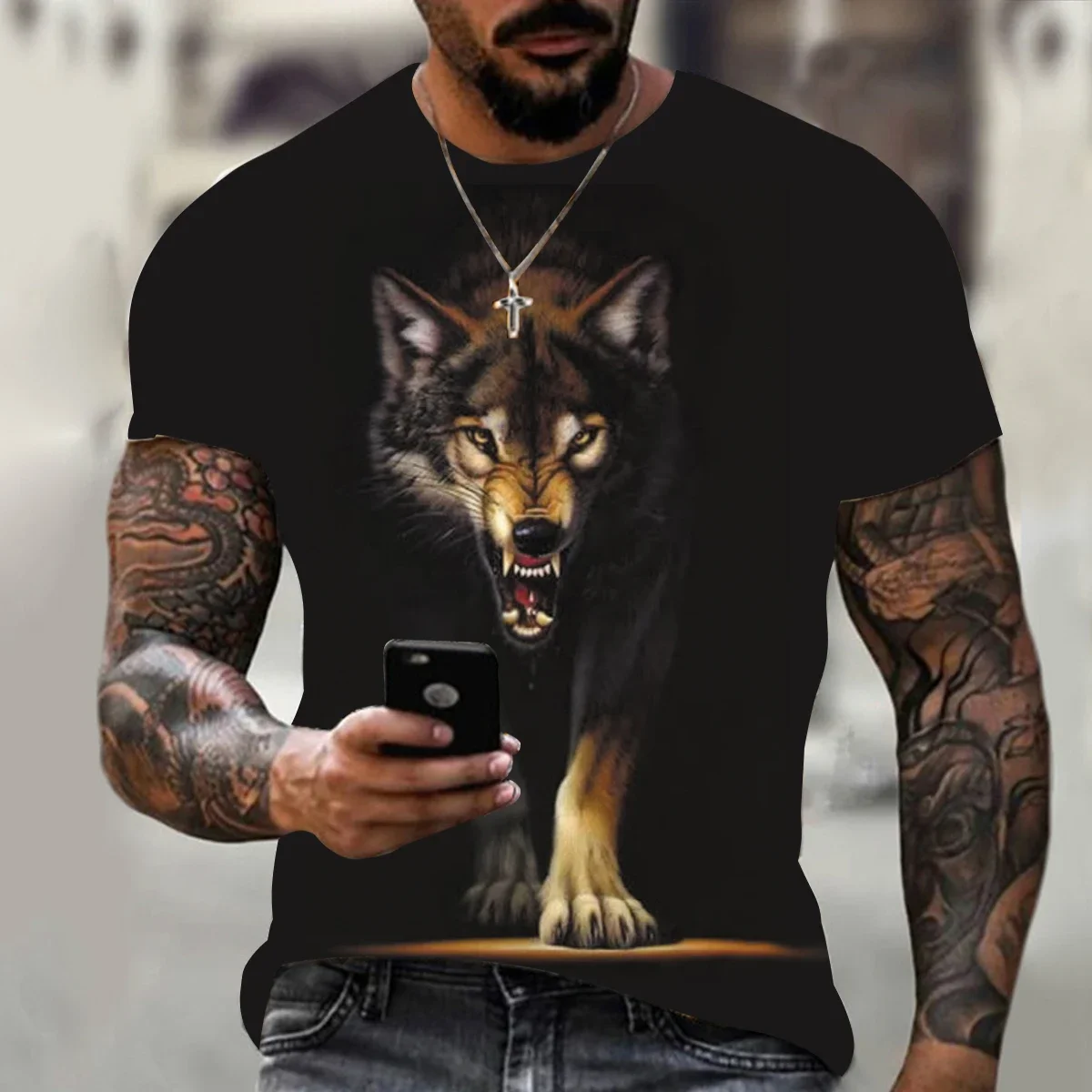 2024 New Animal Wolf T-shirt for Men 3D Printed Summer Black Crewneck Loose Short-sleeved Street Wear Oversi