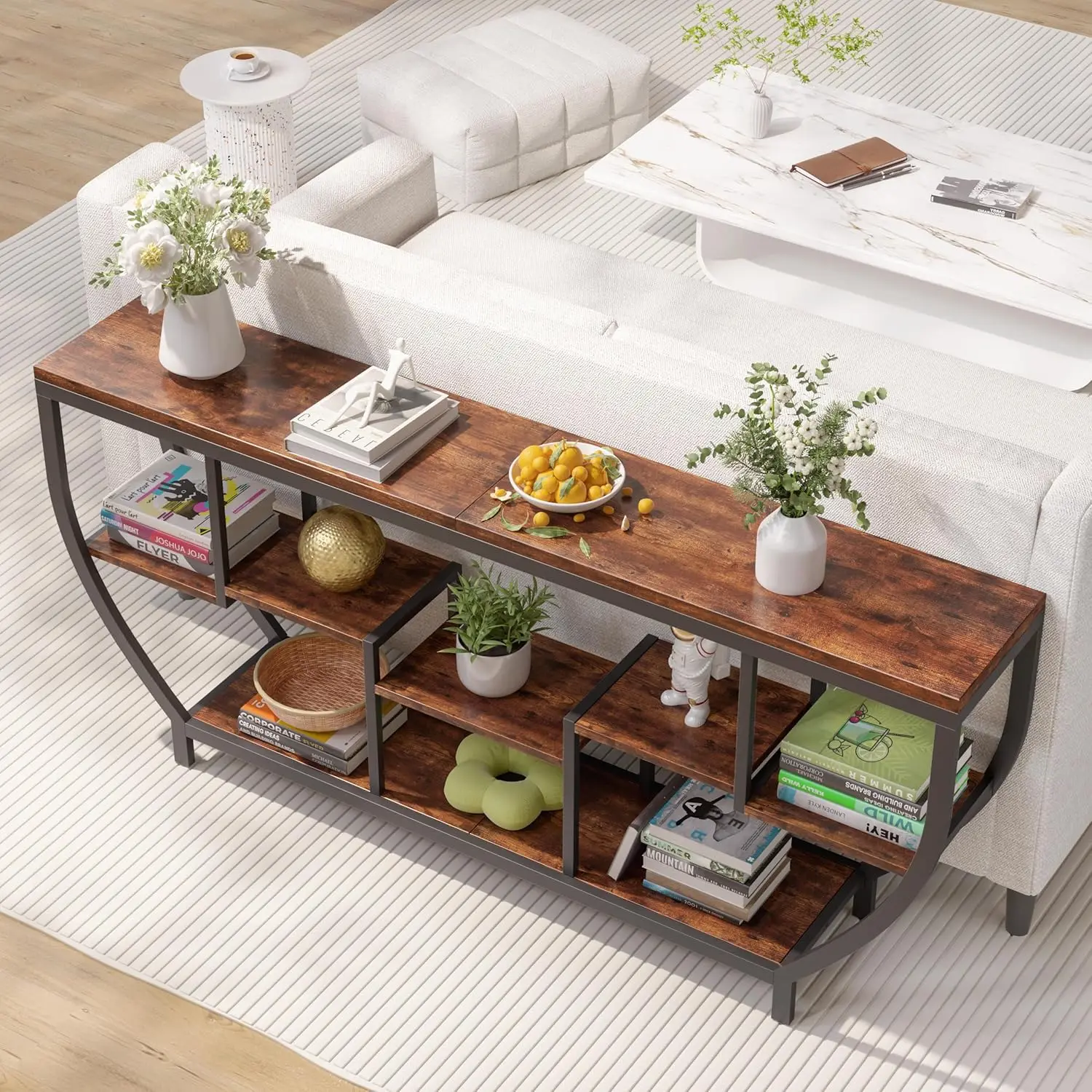 Extra lange consoletafel, metalen frame banktafel met opbergruimte, industriële foyer inkomtafel (bruin)