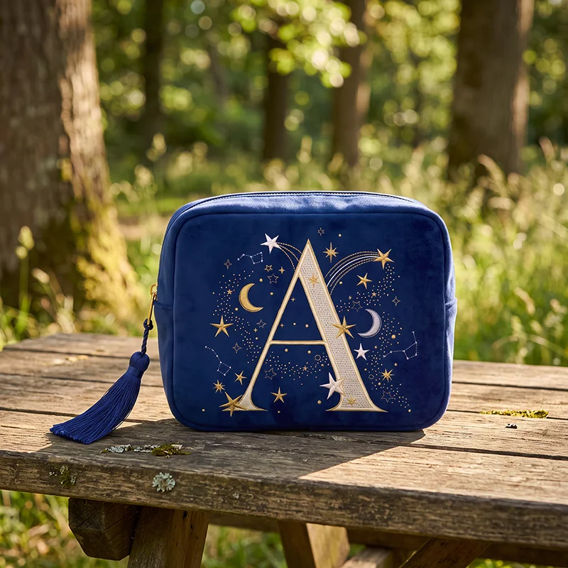 Navy Blue Velvet Cosmetic Bag for Women Soft Touch Imitation Embroidery Luxury Makeup Pouch Storage Organizer
