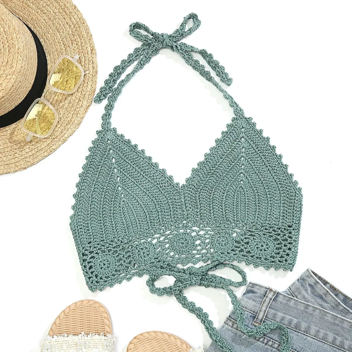 Hand Crochet Hollow Out Bikini Beachwear Women Beach Vacation Tie Up Swimsuit Solid Color Sun Bathing Clothes