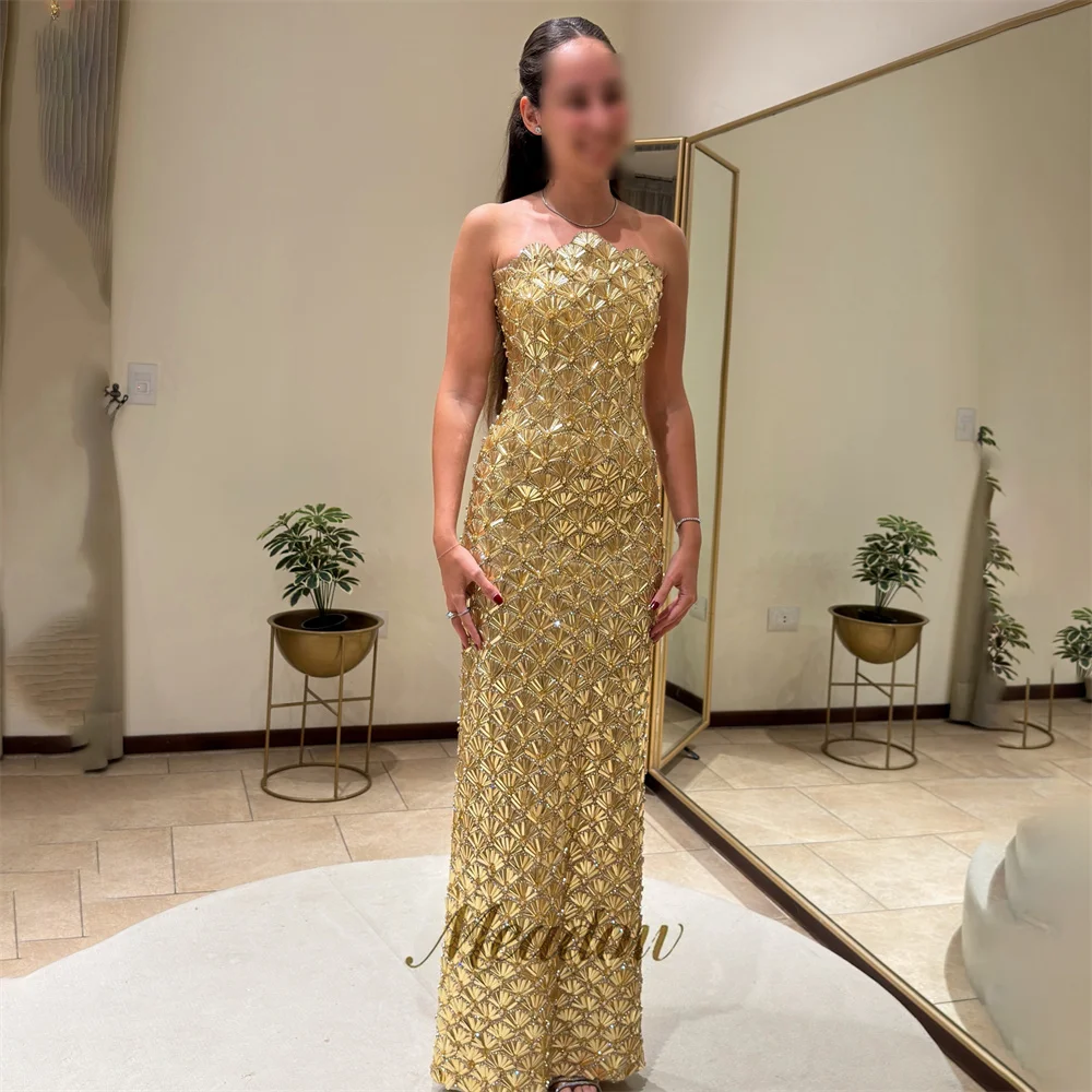 Meadow Golden Evening Dress Strapless Sleeveless Zipper Back Formal Gown Glitter Sequin Night Dresses Prom Dresses Customized
